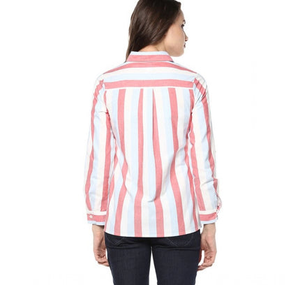 Women's Cotton Striped Roll Up Sleeve Regular Top (Red)