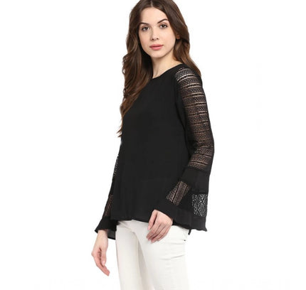 Women's Polyester Georgette Self Design Bell Sleeve Regular Top (Black)