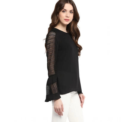 Women's Polyester Georgette Self Design Bell Sleeve Regular Top (Black)
