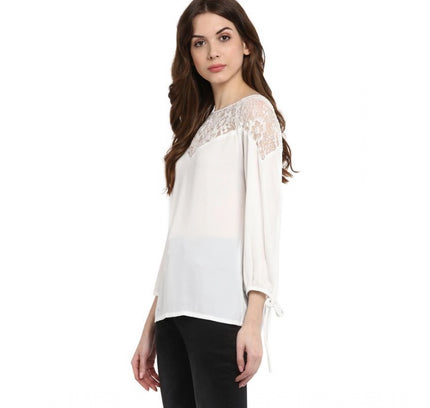 Women's Polyester Georgette Self Design 3-4th Sleeves Regular Top (White)