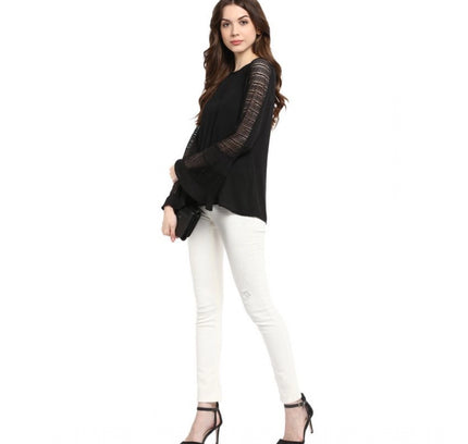 Women's Polyester Georgette Self Design Bell Sleeve Regular Top (Black)