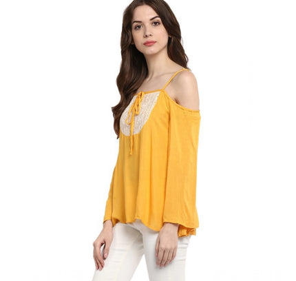 Women's Rayon Embellished Cold Shoulder Regular Top (Mustard Yellow)