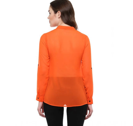 Women's Polyester Solid Long Sleeves Regular Top (Orange)