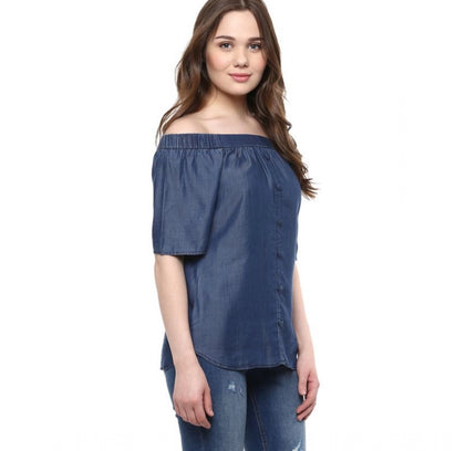 Women's Denim Solid Short Sleeve Regular Top (Blue)