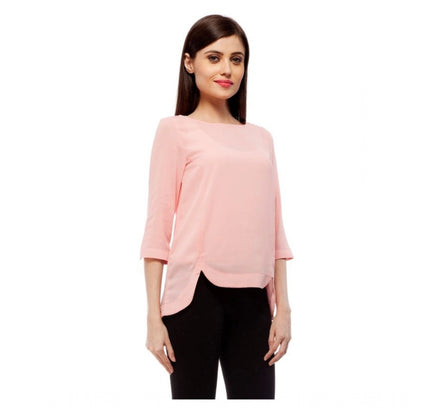 Women's Polyester Solid 3-4th Sleeves Regular Top (Peach)