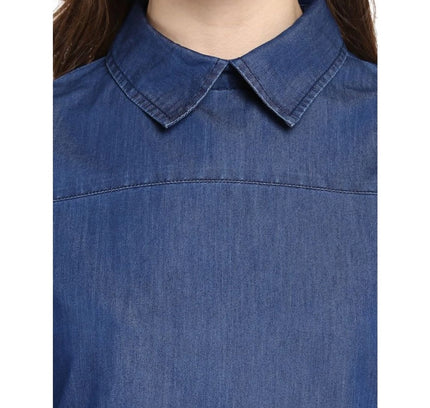 Women's Denim Solid Cold Shoulder Regular Top (Blue)