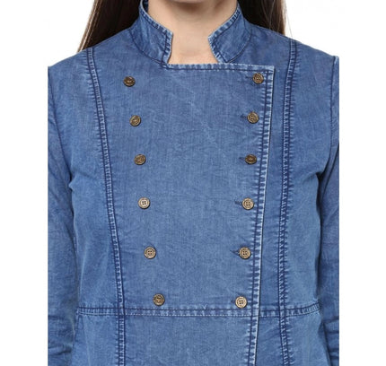 Women's Denim Solid 3-4th Sleeves Regular Top (Blue)