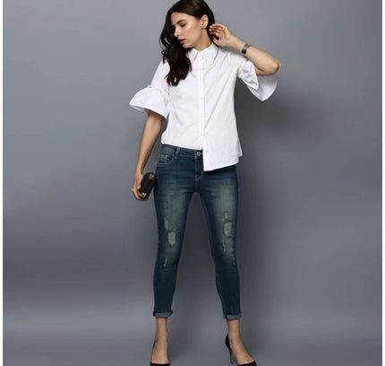 Women's Cotton Solid Bell Sleeve Top (White)