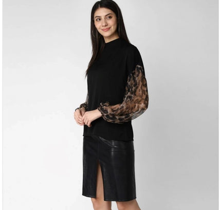Women's Polyester Animal Print Long Sleeves Top (Black)
