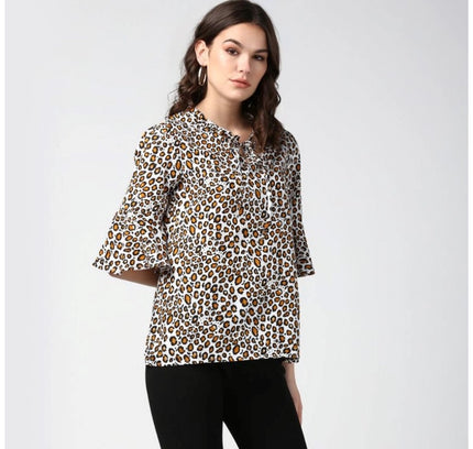 Women's Polyester Animal Print Bell Sleeve Top (Orange - Black)