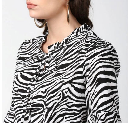 Women's Polyester Animal Print Bell Sleeve Top (Black - White)