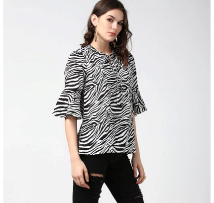 Women's Polyester Animal Print Bell Sleeve Top (Black - White)