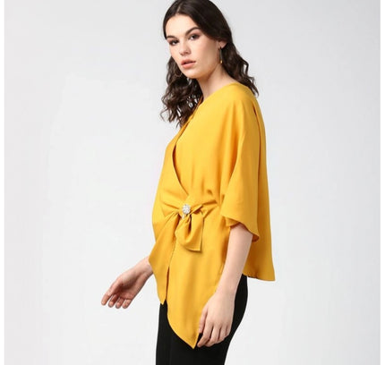 Women's Polyester Solid Cape Sleeve Top (Yellow)