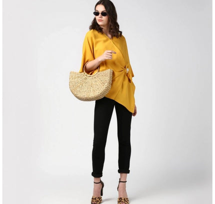 Women's Polyester Solid Cape Sleeve Top (Yellow)