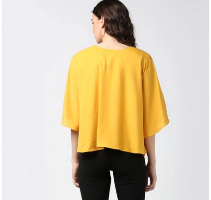 Women's Polyester Solid Cape Sleeve Top (Yellow)