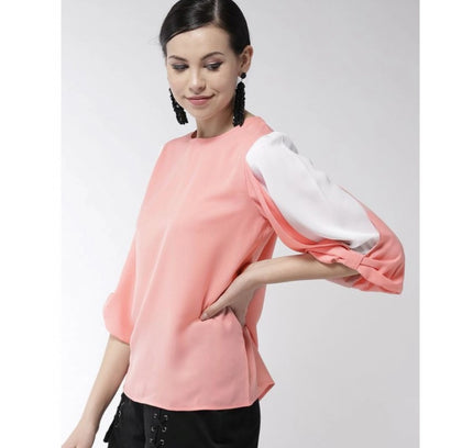 Women's Polyester Colour Block Slit Sleeve Top (Pink)