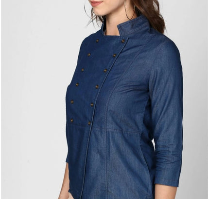 Women's Denim Solid 3-4th Sleeves Top (Blue)