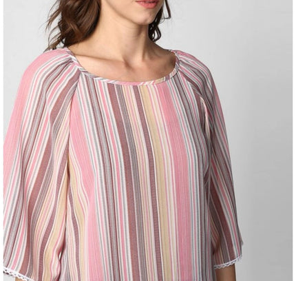 Women's Polyester Striped 3-4th Sleeves Top (Pink)