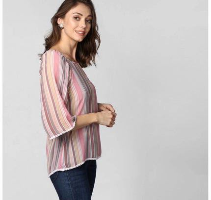 Women's Polyester Striped 3-4th Sleeves Top (Pink)