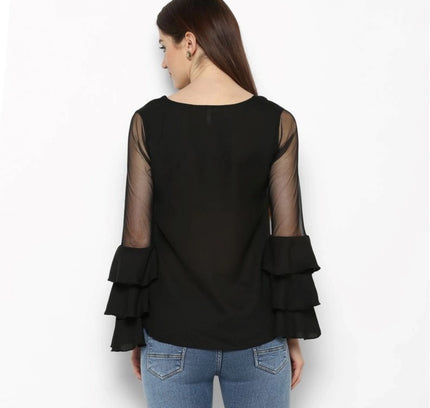 Women's Polyester Solid Tier Sleeve Top (Black)