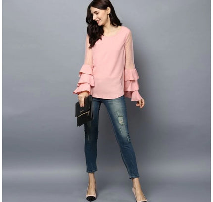 Women's Polyester Solid Tier Sleeve Top (Pink)