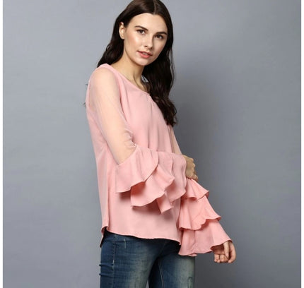 Women's Polyester Solid Tier Sleeve Top (Pink)