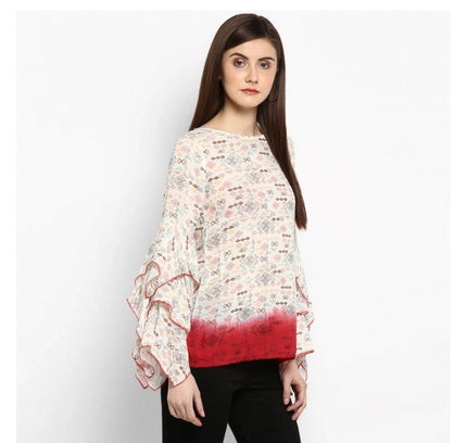 Women's Rayon Crepe Printed Ruffle Sleeve Top (Off White - Red)