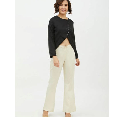 Women's Polyester Asymmetrical Long Sleeves Top (Black)