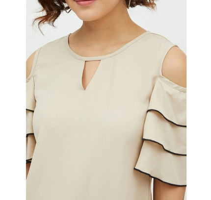 Women's Polyester Tiered Cold Shoulder Top (Beige)