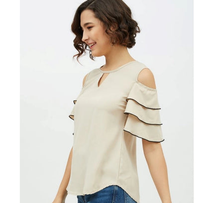 Women's Polyester Tiered Cold Shoulder Top (Beige)