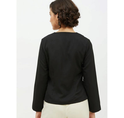 Women's Polyester Asymmetrical Long Sleeves Top (Black)