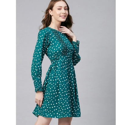 Women's Polyester Polka Long Sleeves Above Knee Dress (Green - White)