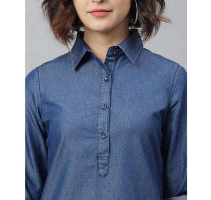 Women's Denim Solid Long Sleeves Above Knee Dress (Navy Blue)