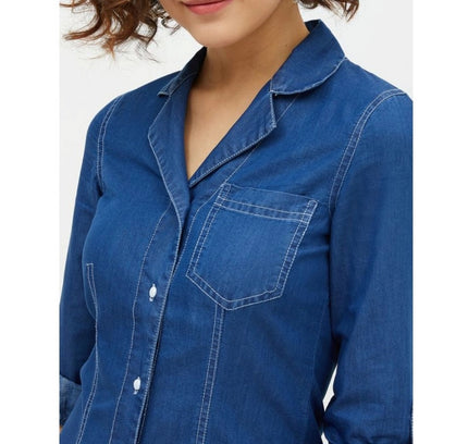 Women's Denim Solid Long Sleeves Above Knee Dress (Blue)