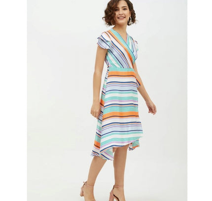 Women's Satin Striped Short Sleeve Knee-Length Dress (Multicolor)