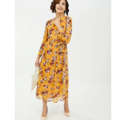 Women's Polyester Floral Long Sleeves Calf-length Dress (Multicolor)