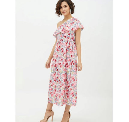 Women's Polyester Floral One Shoulder Calf-length Dress (Multicolor)