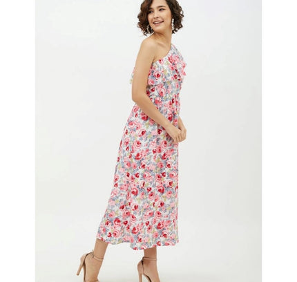 Women's Polyester Floral One Shoulder Calf-length Dress (Multicolor)