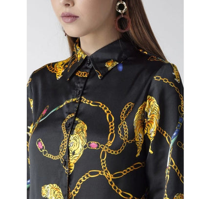 Women's Satin Printed Long Sleeves Standard Length Shirt (Black - Gold)
