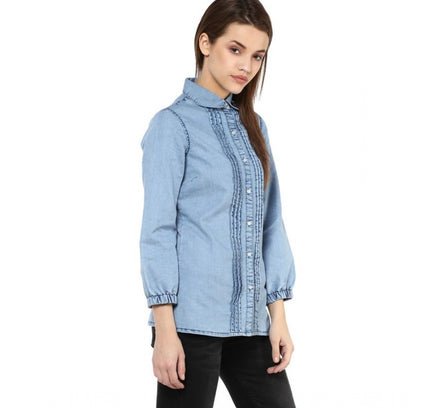 Women's Denim Solid 3-4th Sleeves Standard Length Shirt (Blue)