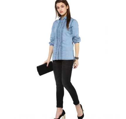 Women's Denim Solid 3-4th Sleeves Standard Length Shirt (Blue)