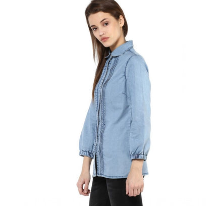Women's Denim Solid 3-4th Sleeves Standard Length Shirt (Blue)
