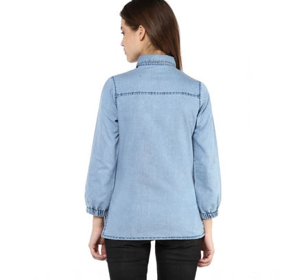 Women's Denim Solid 3-4th Sleeves Standard Length Shirt (Blue)