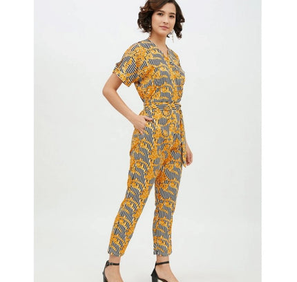 Women's Polyester Printed Half Sleeve Long Jumpsuit (Yellow)