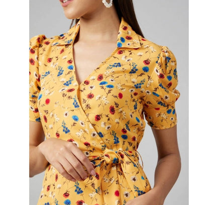 Women's Polyester Floral Short Sleeve Above Knee Dress (Yellow)