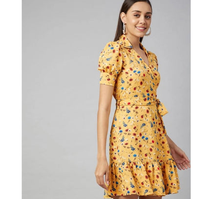 Women's Polyester Floral Short Sleeve Above Knee Dress (Yellow)