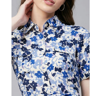 Women's Polyester Floral Short Sleeve Above Knee Dress (Blue - White)