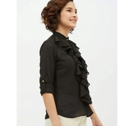 Women's Polyester Ruffled Long Sleeves Standard Length Shirt (Black)