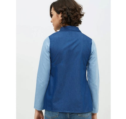 Women's Denim Patch Work Long Sleeves Standard Length Shirt (Blue)