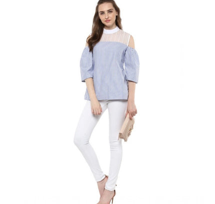 Women's Cotton Striped Cold Shoulder Top (Blue)